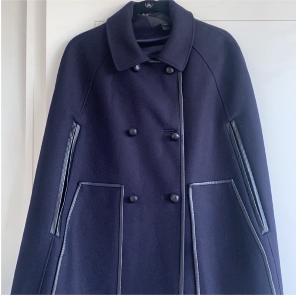 J. Crew Collection Navy Blue Wool Double Breasted Leather Trim Cape XS/S - Picture 4 of 12